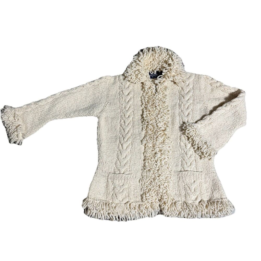 Ecuadorian Handknit Women's Chunky Wool Sweater Jacket‎ Full Zip Boho Size L